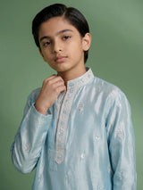 Sky blue floral boys kurta suit
