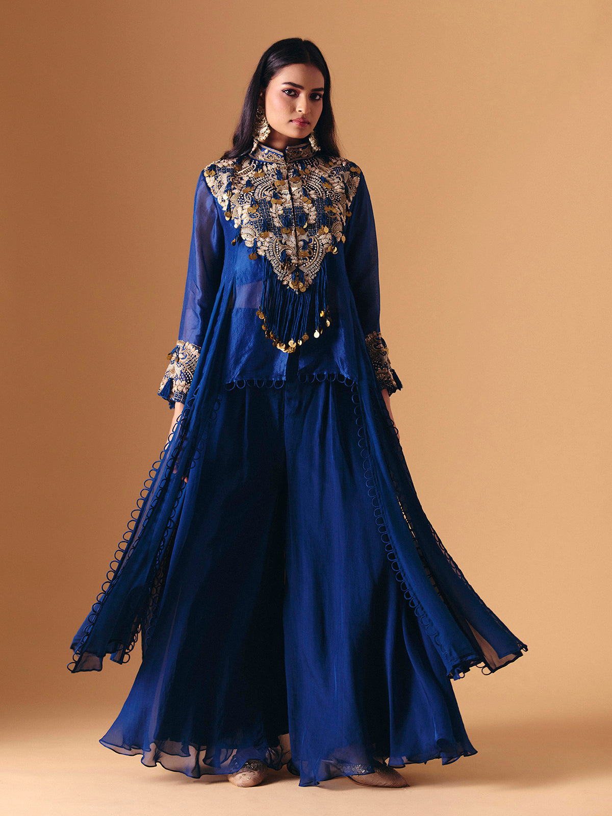 Blue tissue silk designer indo western palazzo suit