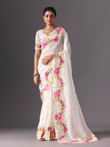 White organza floral embroidered saree with elegant cutwork detailing