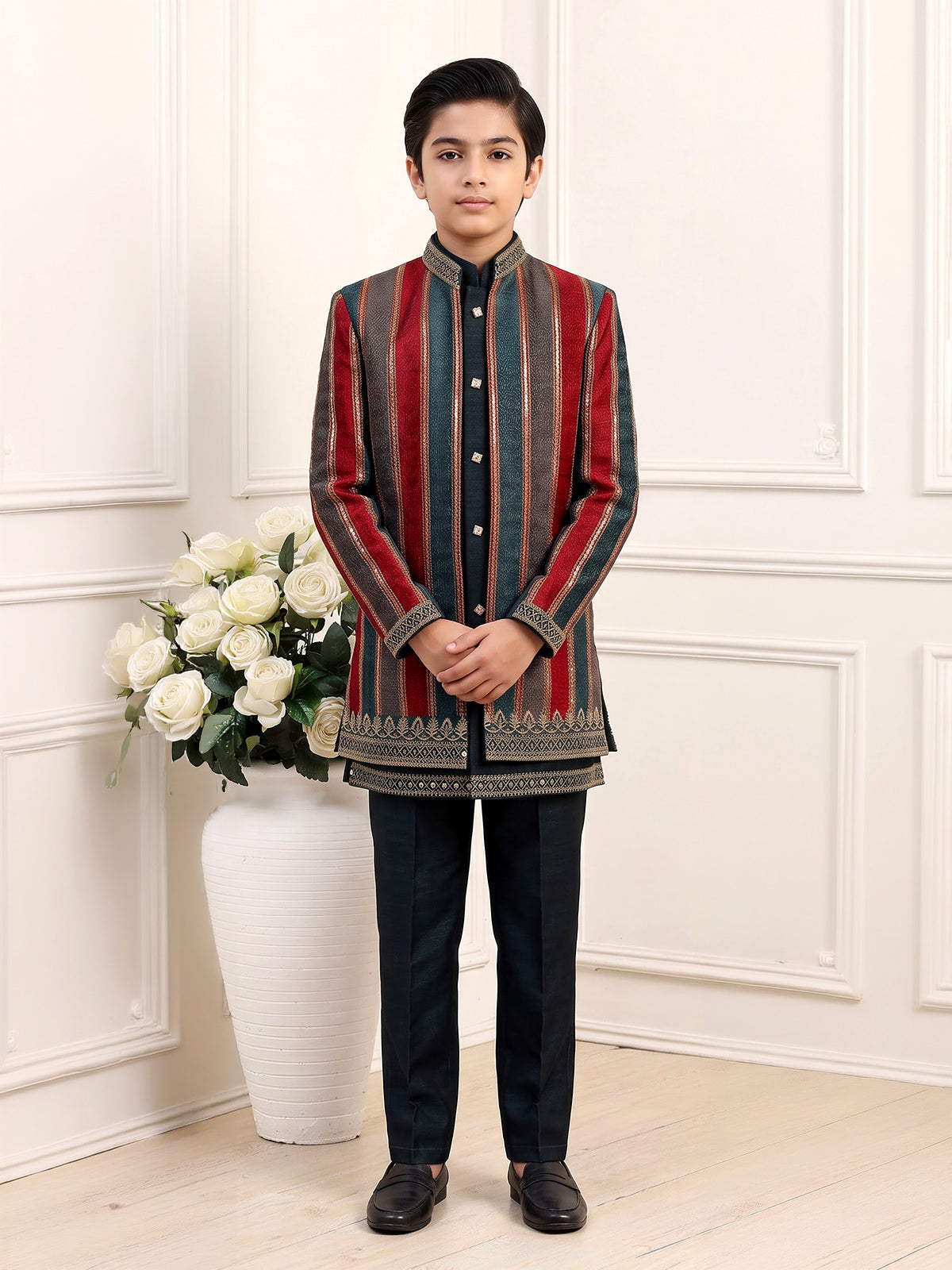 Navy blue striped boys indo western
