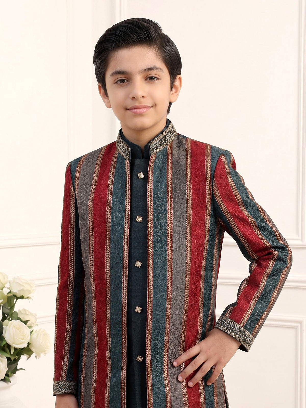 Navy blue striped boys indo western