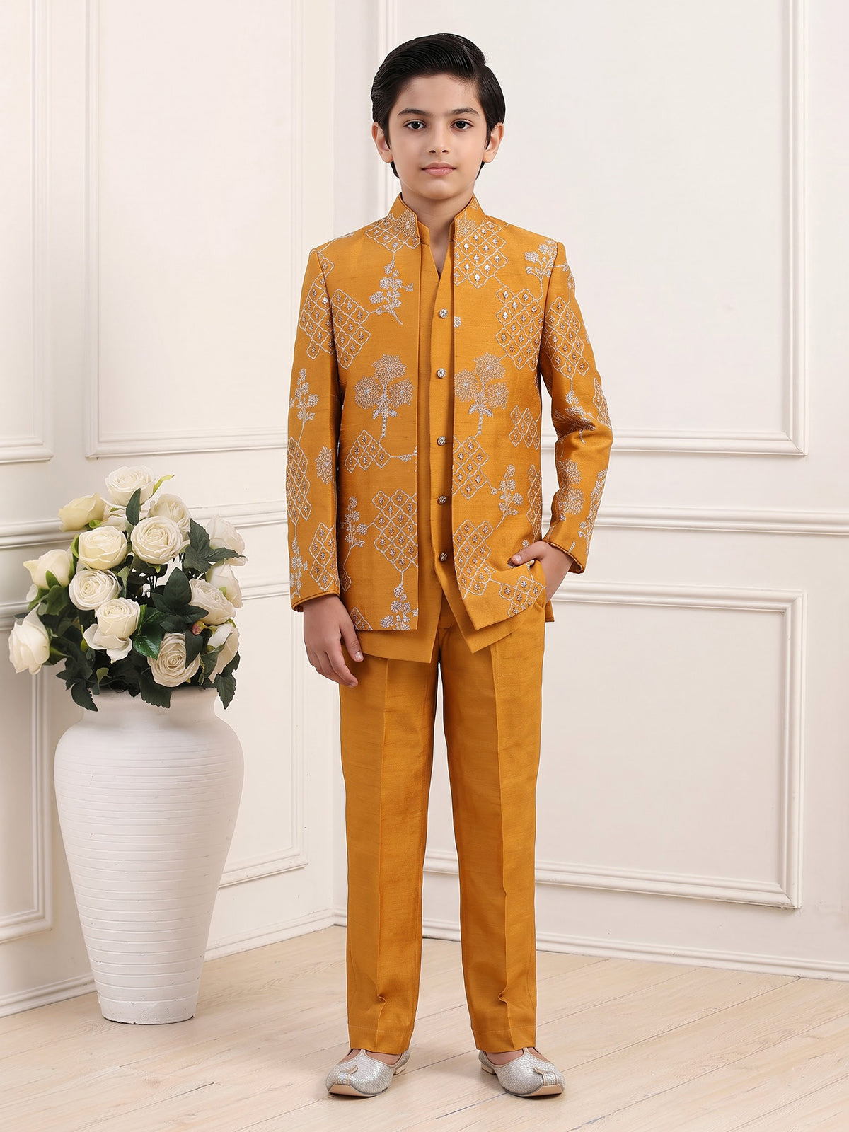 Rust yellow tree motif boys indo western