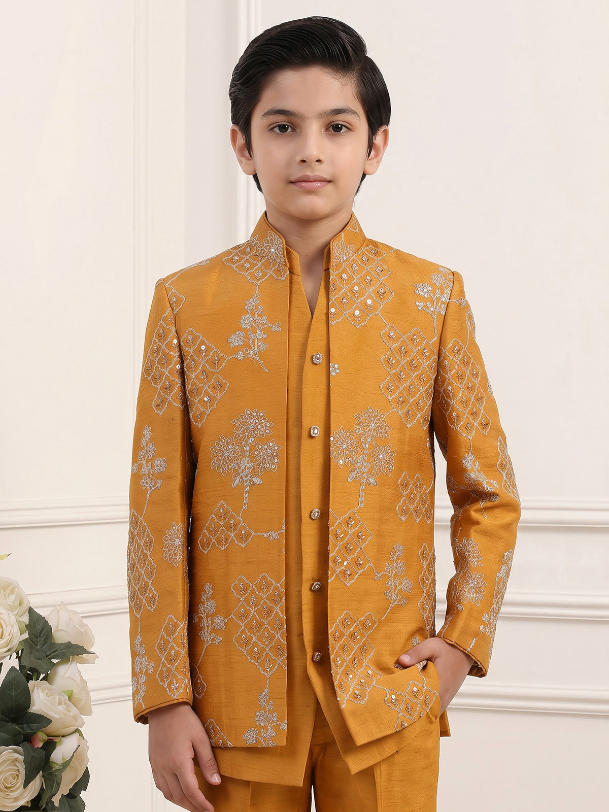 Rust yellow tree motif boys indo western
