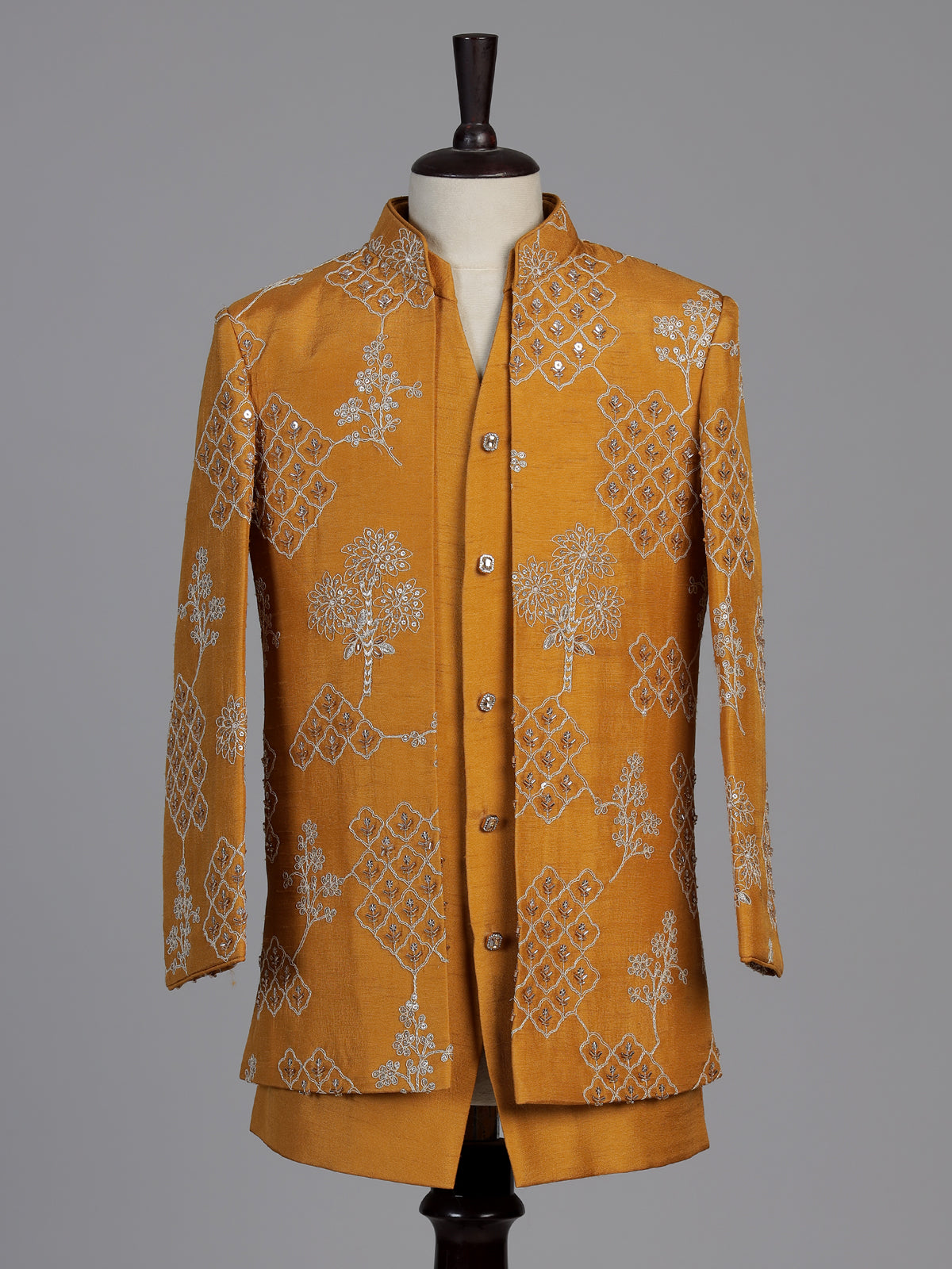 Rust yellow tree motif boys indo western