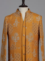 Rust yellow tree motif boys indo western