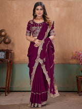 Wine luxurious festive satin saree with blouse