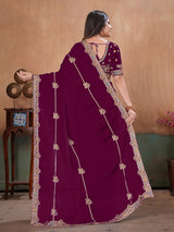 Wine luxurious festive satin saree with blouse