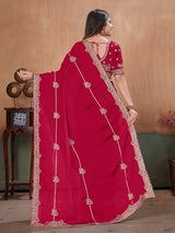Red majestic designer satin saree with blouse
