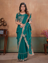 Green royal embellished satin saree with blouse