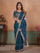 Peacock blue radiant embroidered satin saree with blouse