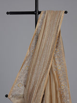 Beige metallic pleated tissue silk saree women