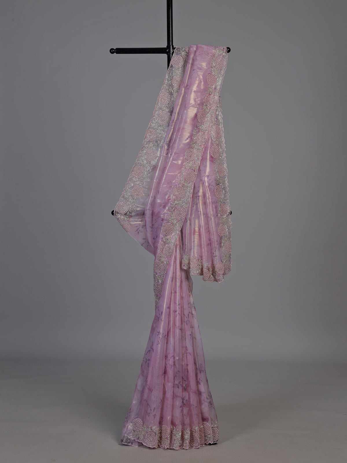 Pink floral sequin tissue silk saree women