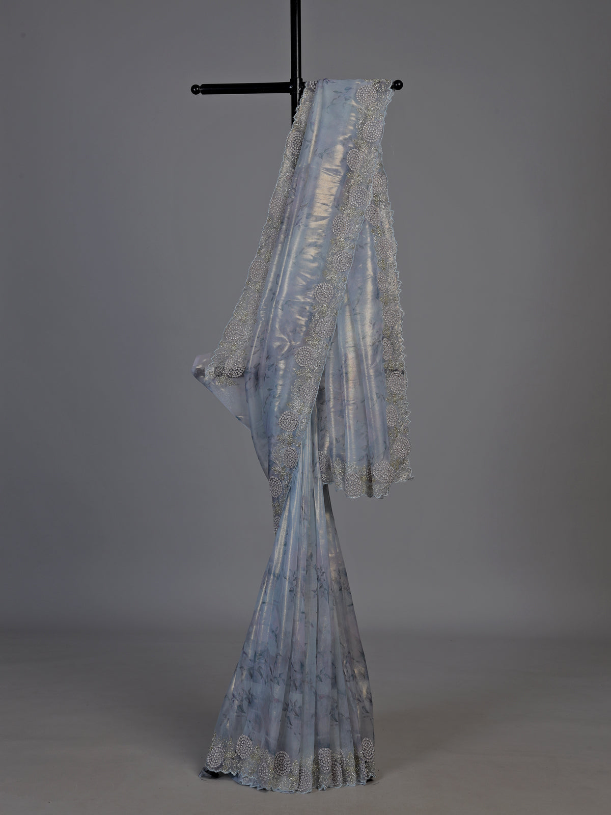 Grey floral mandala tissue silk saree women