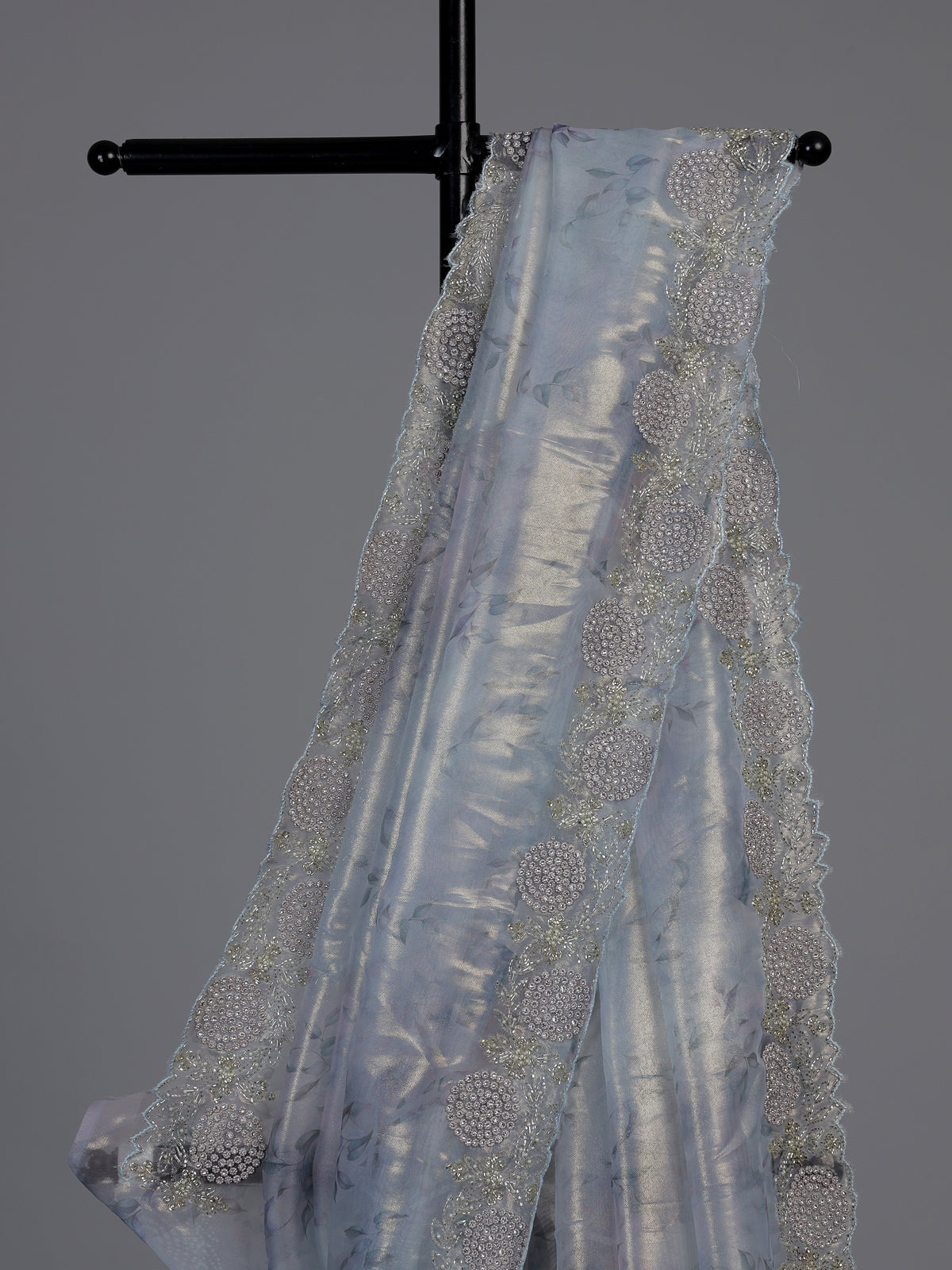 Grey floral mandala tissue silk saree women