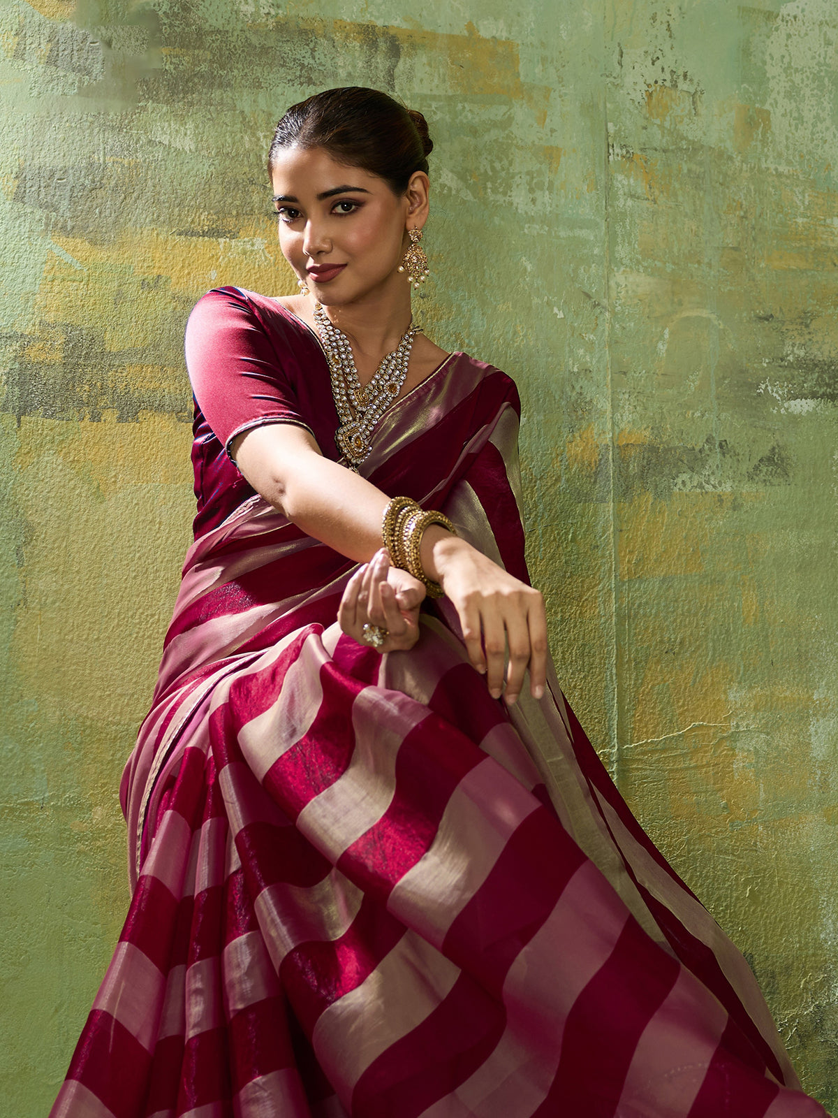 Elegant wine zari satin silk saree for women