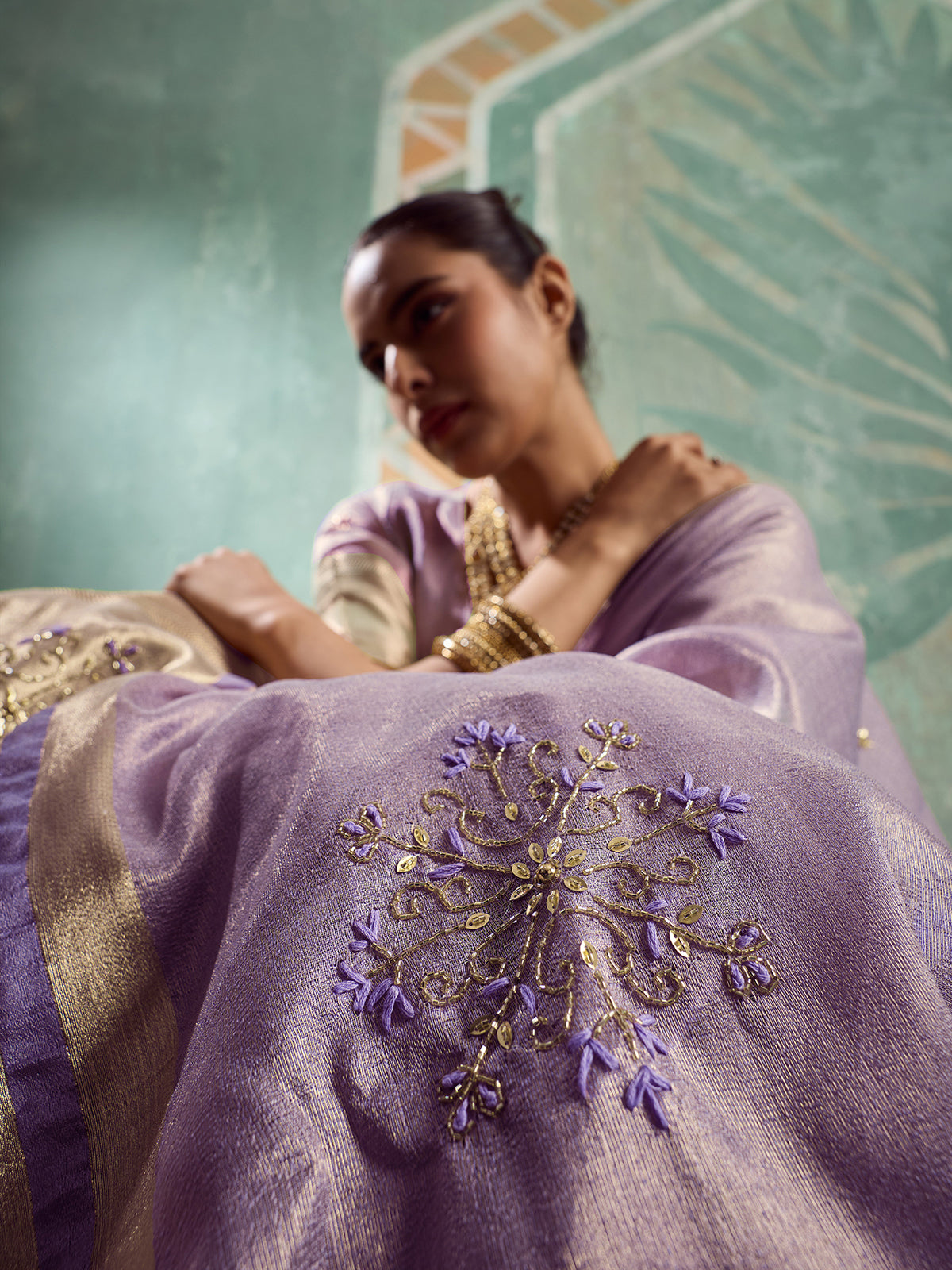 Dreamy lavender party wear tissue saree for women