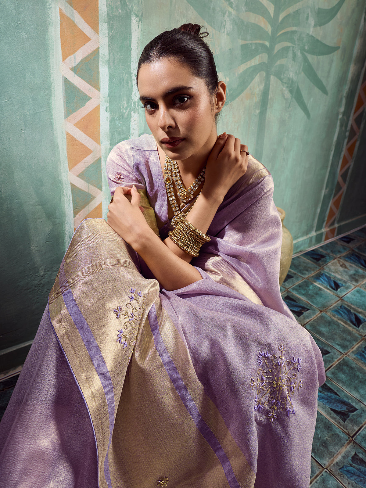 Dreamy lavender party wear tissue saree for women