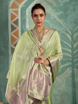 Enchanting green embroidered tissue saree for women
