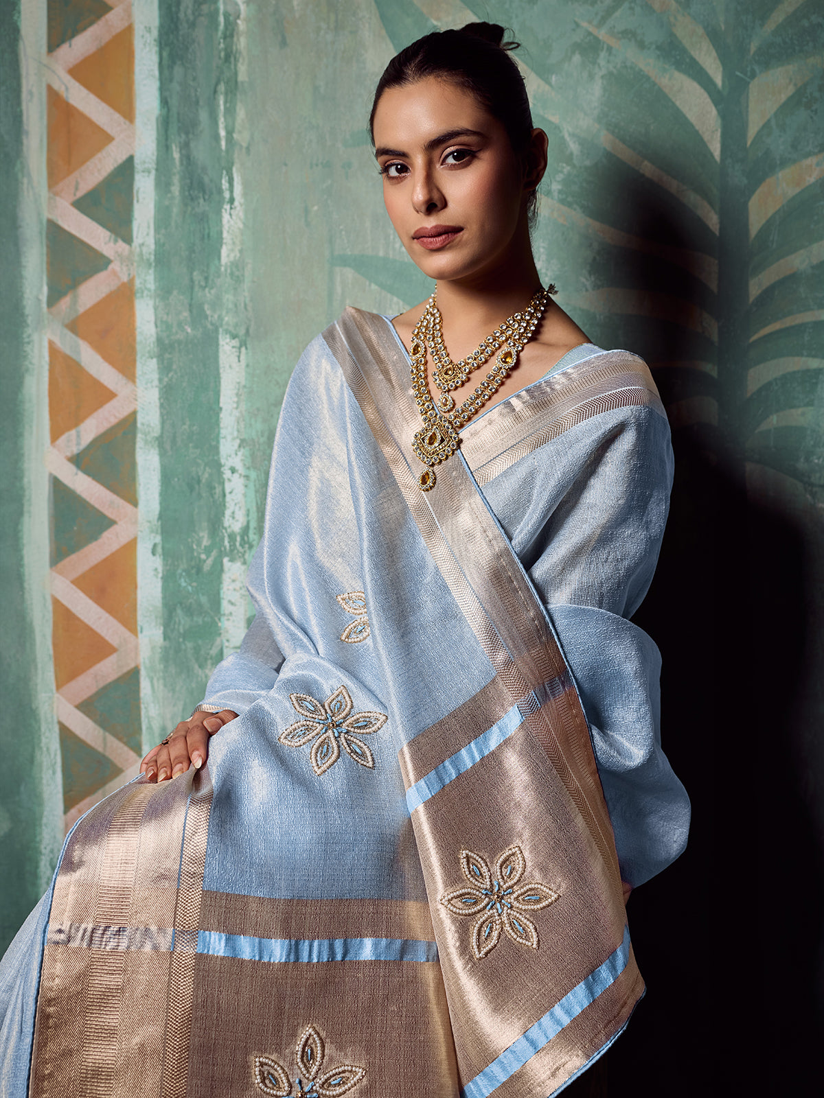 Majestic blue designer tissue cotton saree for women
