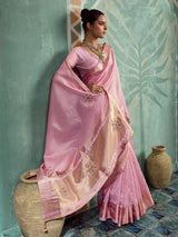 Blush pink festive tissue cotton saree for women