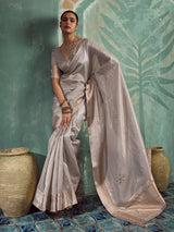 Radiant grey embroidered tissue cotton saree for women