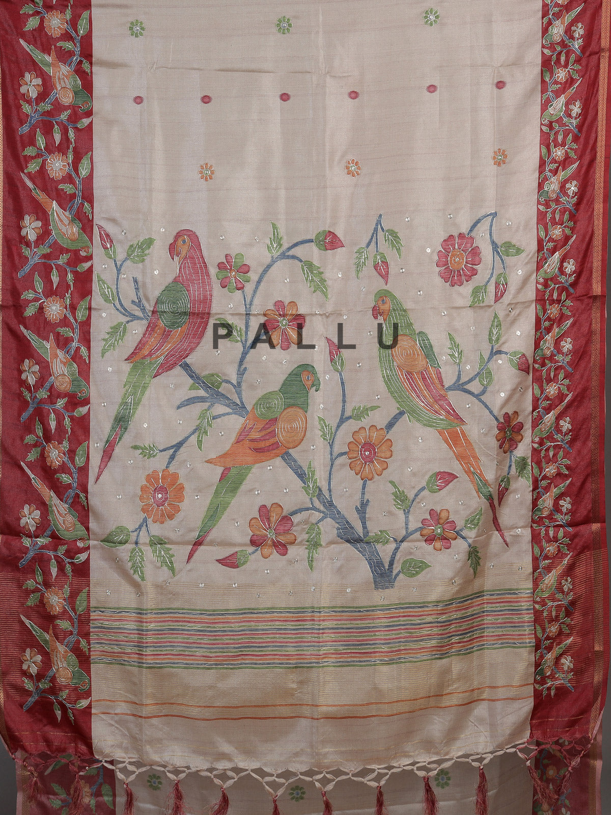 Beige and maroon art tusser silk saree with floral bird motifs