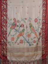 Beige and maroon art tusser silk saree with floral bird motifs