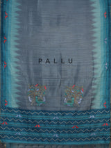 Blue and grey cotton silk saree with elegant bird motifs
