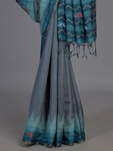 Blue and grey cotton silk saree with elegant bird motifs