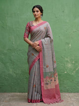 Grey cotton silk saree with floral mirror work elegance
