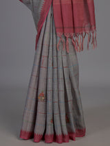 Grey cotton silk saree with floral mirror work elegance