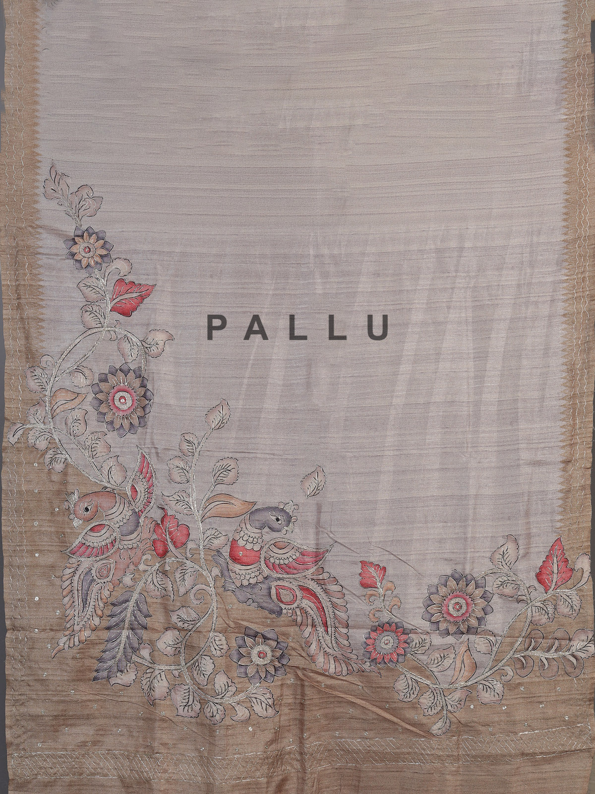 Beige art tusser silk saree with peacock floral motifs