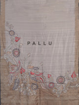 Beige art tusser silk saree with peacock floral motifs