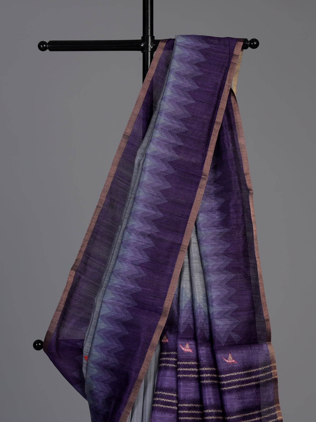 Grey cotton silk saree with purple border and bird motifs