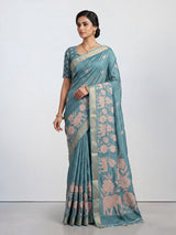 Blue art silk saree with floral elephant printed motifs