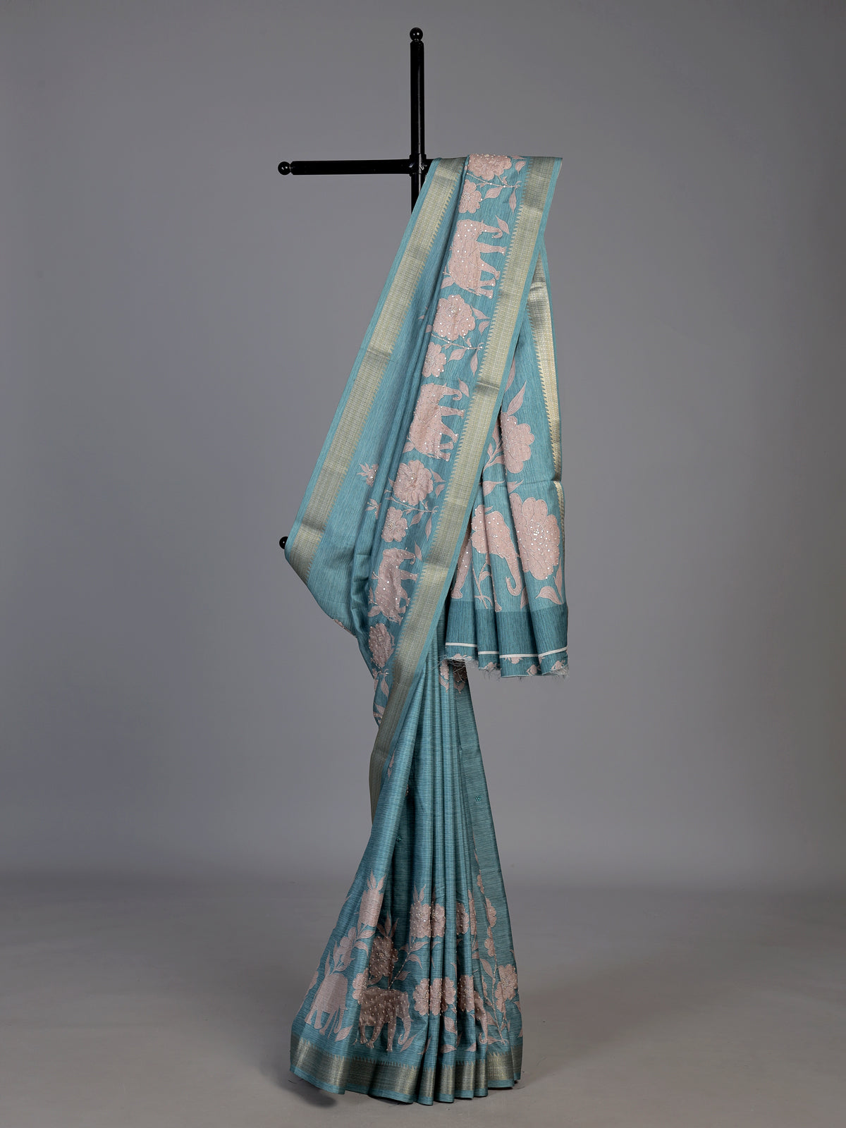 Blue art silk saree with floral elephant printed motifs