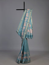 Blue art silk saree with floral elephant printed motifs