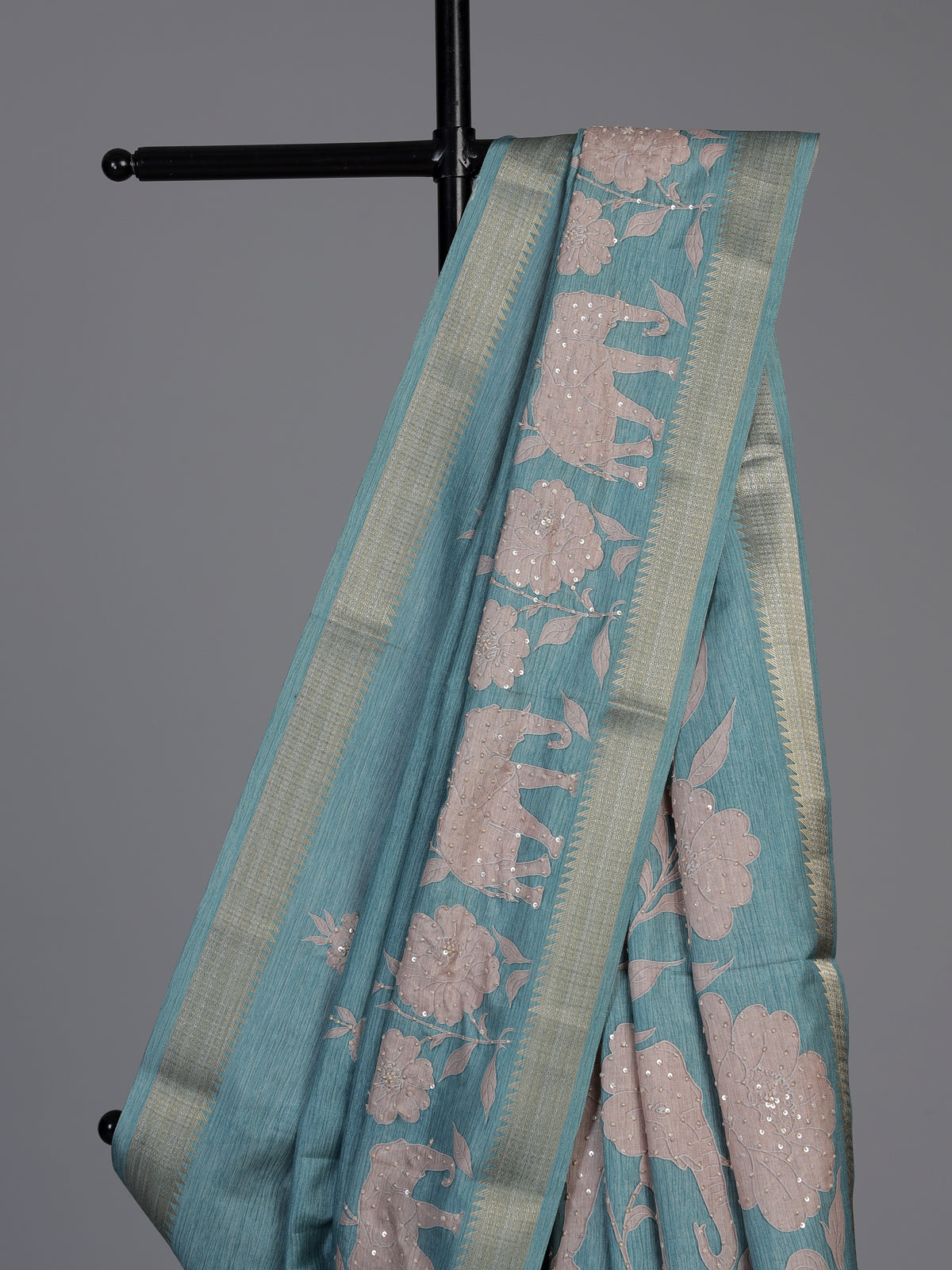Blue art silk saree with floral elephant printed motifs