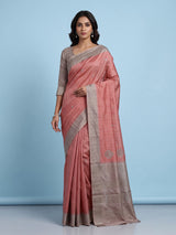 Peach semi tusser silk saree with grey border zari detailing