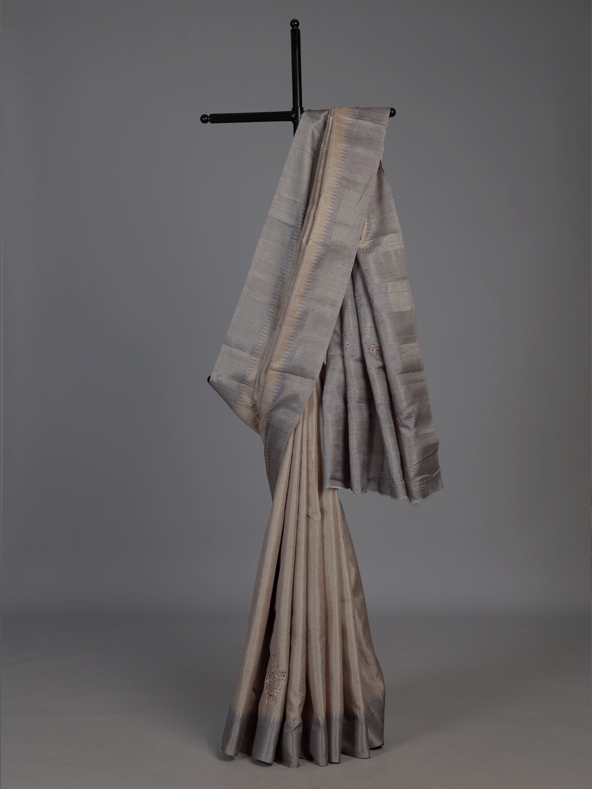 Pastel beige semi tusser silk saree with grey contrast border