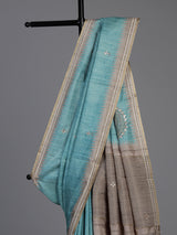 Sky blue semi tusser silk saree with rich zari embellishments