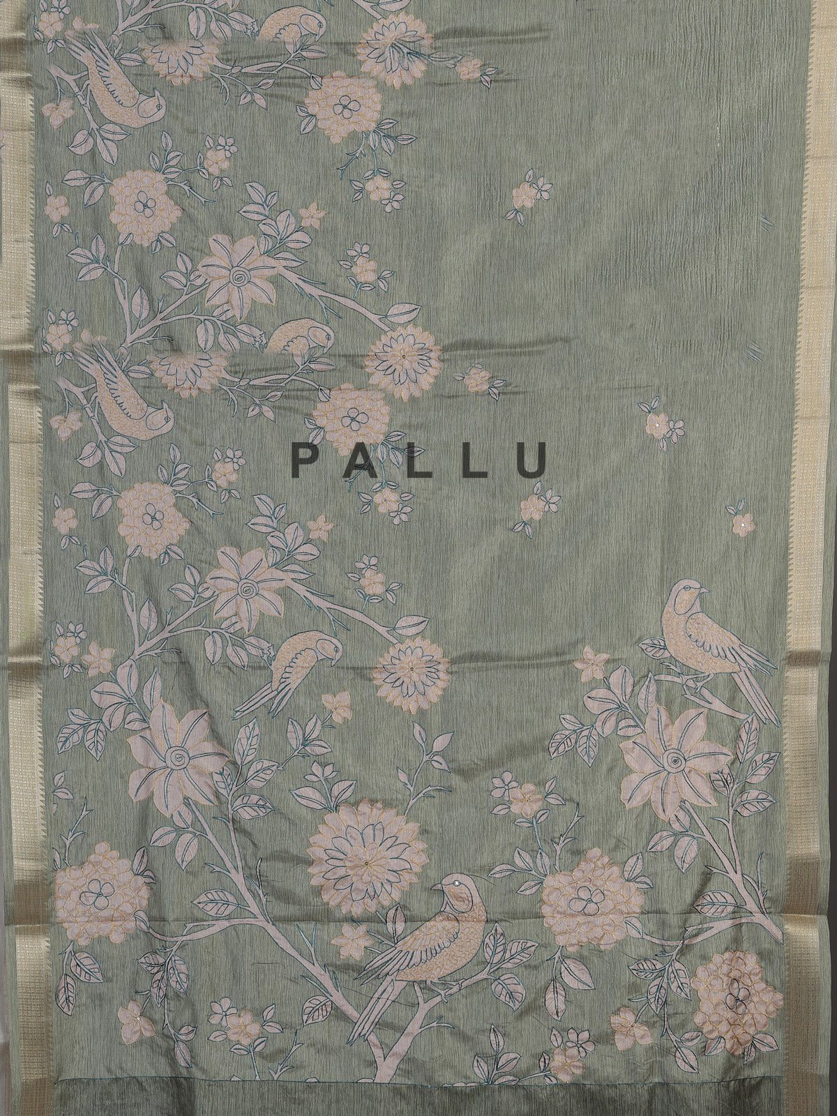 Pista green cotton silk saree with floral bird embroidery