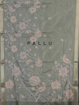 Pista green cotton silk saree with floral bird embroidery