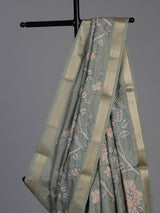 Pista green cotton silk saree with floral bird embroidery