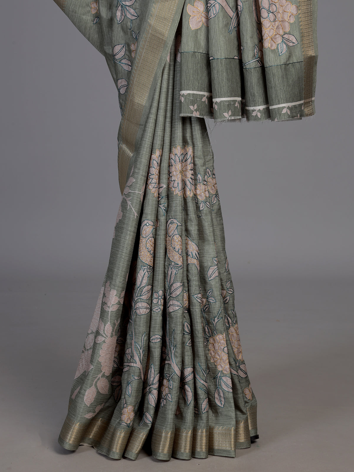 Pista green cotton silk saree with floral bird embroidery