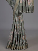 Pista green cotton silk saree with floral bird embroidery