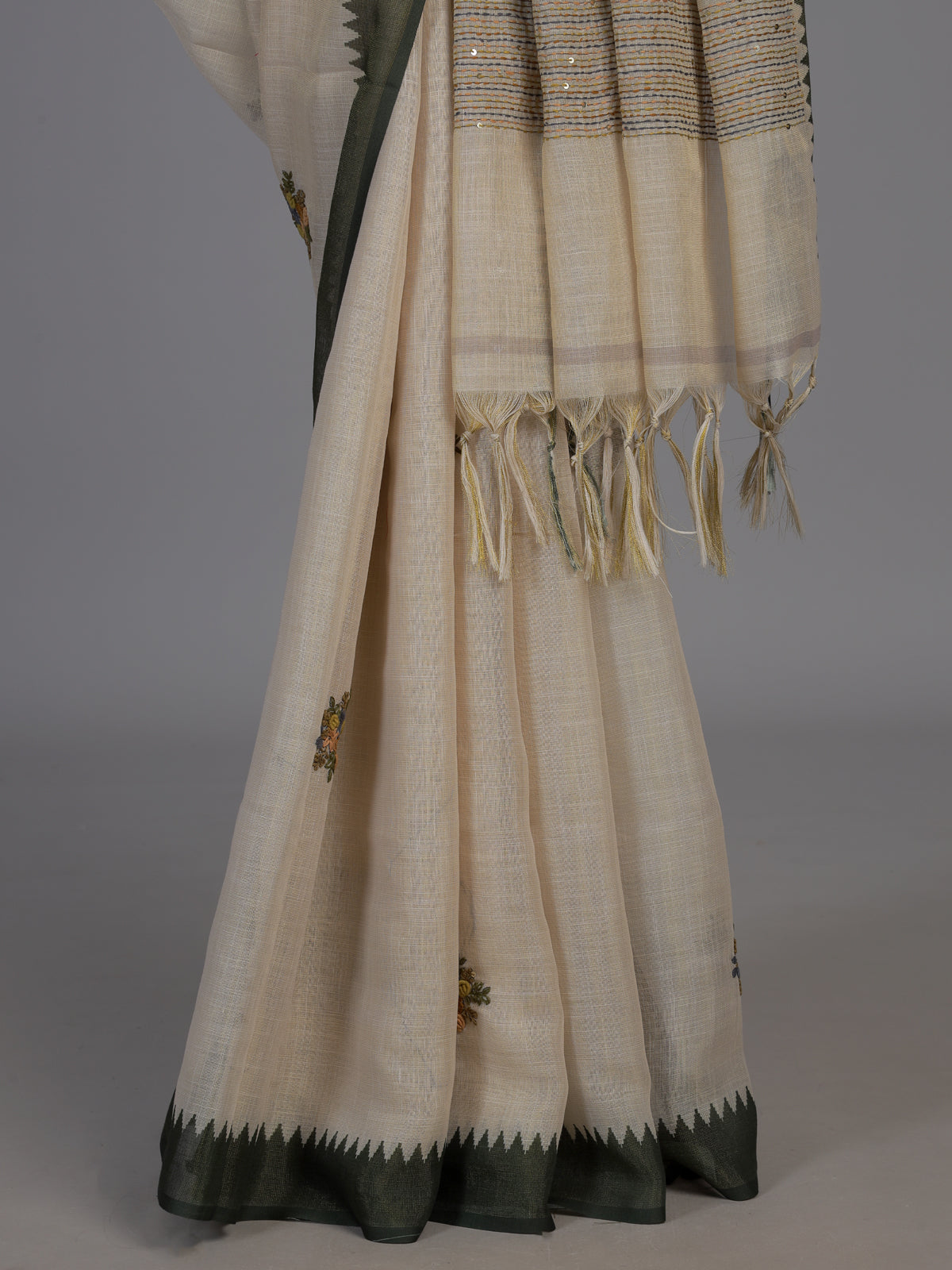 Cream cotton saree with floral threadwork and contrast border