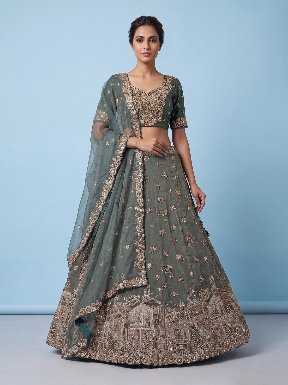Sage green tissue silk lehenga choli with mirror accents