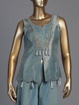 Blue embellished sleeveless sharara suit for women