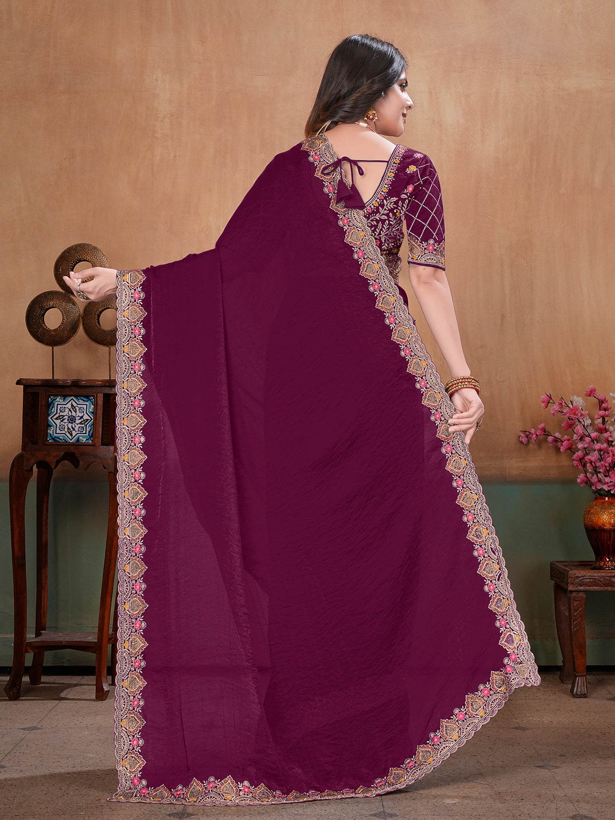 Wine majestic embroidered satin wedding saree